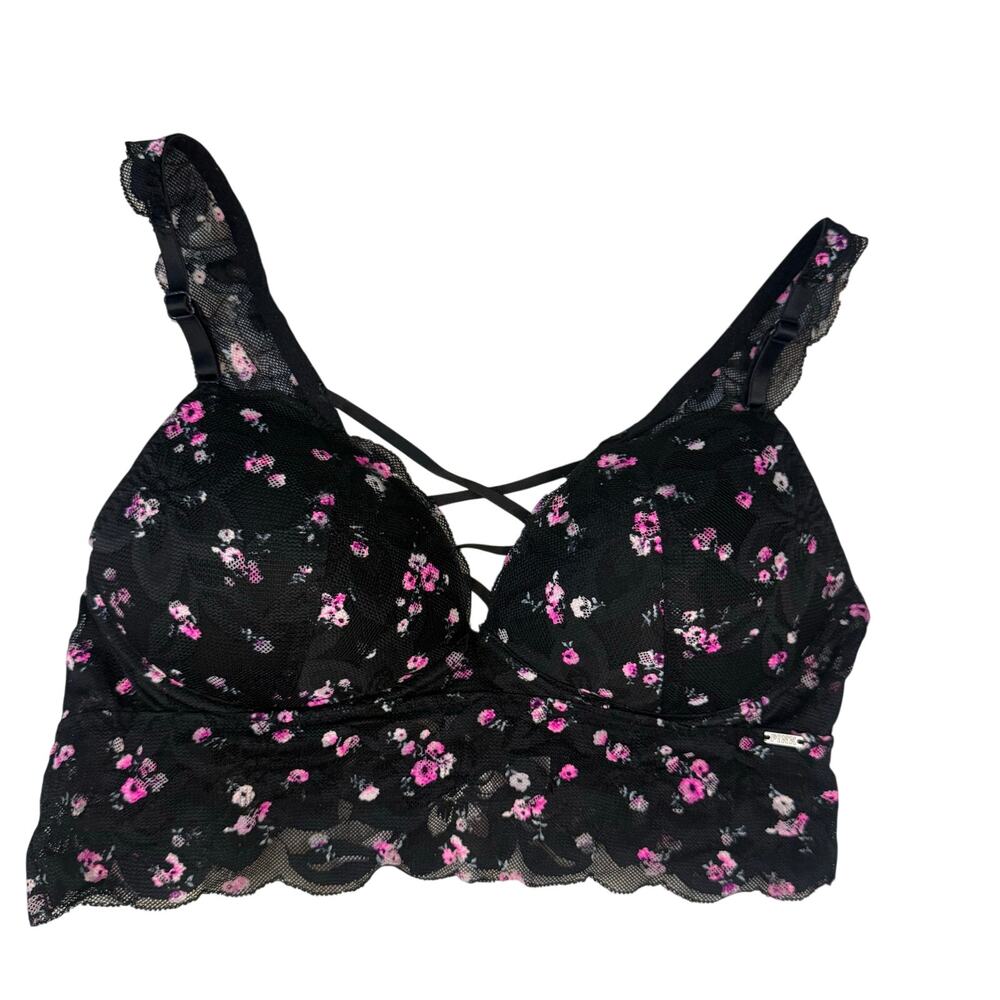 PINK Victoria’s Secret Black Floral Lace Bralette Criss Cross Back Size M